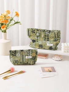 Floral embroidered cotton linen makeup bag set with green botanical patterns and zipper