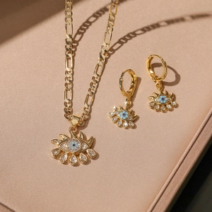 Evil Eye Jewelry Set Gold Plated Copper Necklace And Earrings Zircon Inlaid Figaro Chain Sun Motif Women Fashion Accessory
