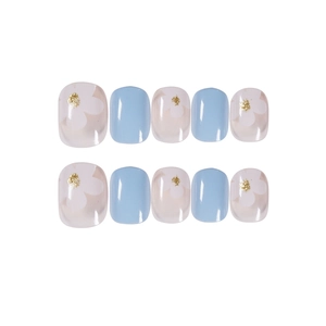 Short square light blue and pink press-on nails with white flower and gold glitter