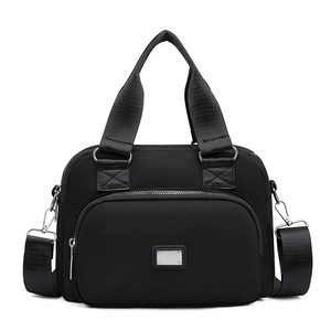 Large capacity black nylon handbag with multi-pockets and adjustable crossbody strap