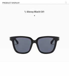 Front view of stylish square black frame sunglasses with dark grey lenses C01