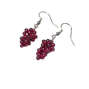 Handmade burgundy garnet grape-shaped drop earrings with silver hooks on white background