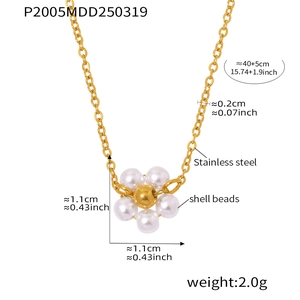 Detailed size specifications of 18K gold plated stainless steel shell bead flower necklace