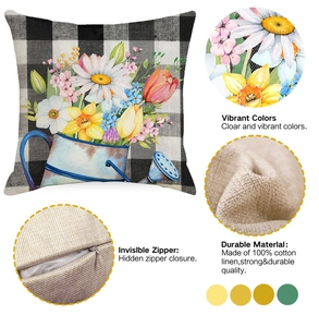 Detail of floral linen pillowcase showing invisible zipper and durable fabric texture