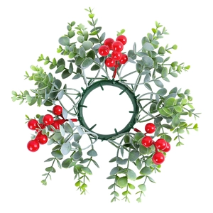 Christmas candle ring with red berries and green eucalyptus leaves on white background