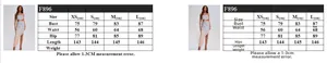 Detailed size chart for slim fit evening dress showing bust, waist, and hip measurements