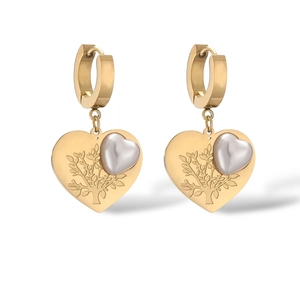 Gold plated titanium steel heart earrings with pearl inlay and tree of life pattern