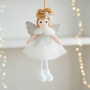 Cute Christmas tree angel doll pendant with white mesh skirt and silver sequin wings