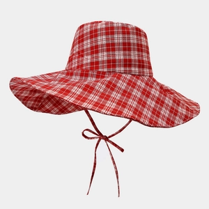 Red and white gingham wide-brim sun hat with adjustable chin strap for women