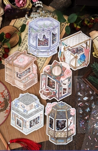 Detailed view of vintage Chinese style architectural stickers for DIY journaling