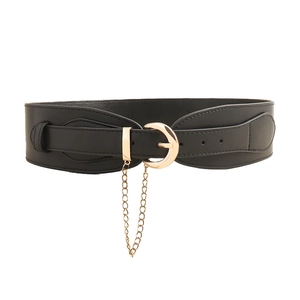 Fashionable black wide waist belt for women with golden D-ring buckle and metal chain detail