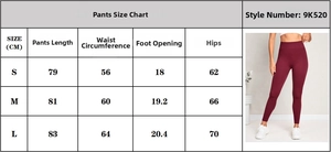 Größentabelle für High Waist Yoga Leggings mit Maßen für Hosenlänge und Hüftumfang