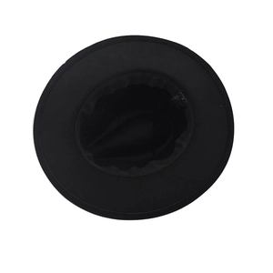 Internal detail of black wool fedora featuring sweatband and care label