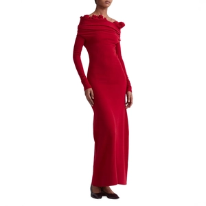 Elegant off-shoulder red knitted maxi dress with ruffle detail and slim-fit silhouette