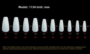 Size chart showing dimensions for black almond Halloween pumpkin press-on nails