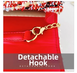 Macro shot of durable golden detachable hook on red tweed and leather flower princess bag