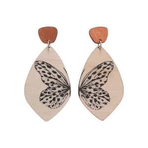 Vintage style wooden butterfly print earrings with silver pins for women
