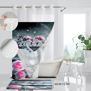 Detail view of swan heart print shower curtain and matching bath mat set texture