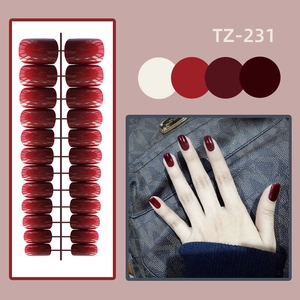 Glossy red press-on nails in medium square shape with various shades and display layout