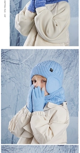 Detail of light blue winter knitted set with thermal hat, neck warmer, and touchscreen gloves