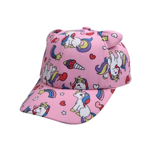 Detail of pink kids baseball cap with unicorn prints and 3D decorative ears