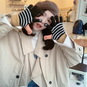 Striped knit touch screen gloves for women with cozy fleece lining and yellow ribbed cuffs
