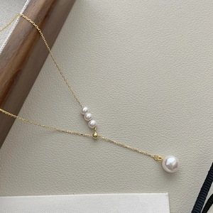 French style S925 silver fringe necklace with golden finish and white pearl pendants