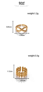 Detail display of golden adjustable rings showing weight and dimensions on white background