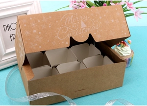 Detail of Christmas kraft paper muffin box with 6 slots and Merry Christmas print