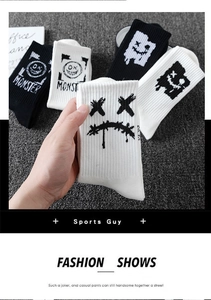 Detail of knit rib texture and cartoon monster smiley pattern on athletic crew socks