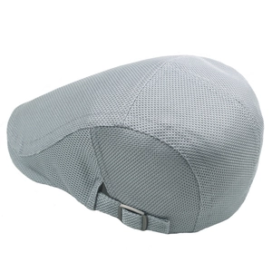 Close-up of light grey breathable mesh beret featuring adjustable metal buckle strap
