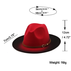 Detailed size specifications for the red and black gradient wool fedora hat with dimensions
