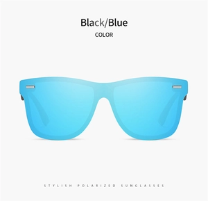 Front view of black polarized sunglasses with blue mirrored lenses for driving