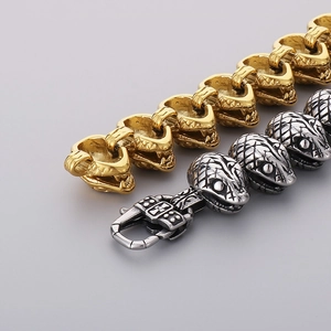 Punk style heavy 21mm snake head stainless steel bracelets in gold and silver finish