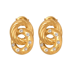 French style gold double loop earrings with white zircon accents on white background