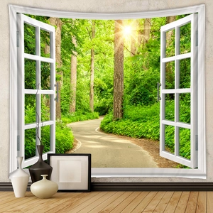 Detailed close-up of 3D window forest landscape tapestry on interior home wall