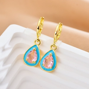 Water drop earrings with pink pear-cut stone and sky blue enamel in gold finish