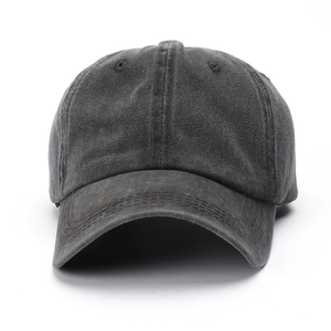 Front view of a washed dark grey cotton baseball cap with a classic six-panel structure