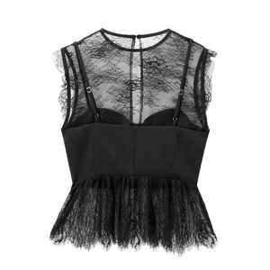 Sexy black sleeveless lace patchwork top with peplum hem design for women