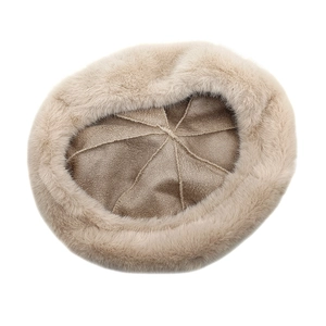 Furry beige beret hat for women with plush faux fur and warm fabric lining for winter