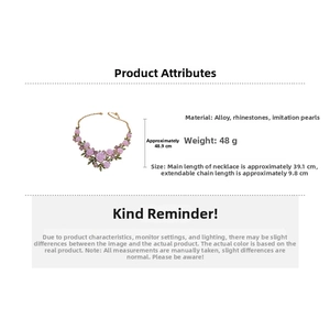 Detailed specs of camellia necklace with pearls and crystals on a 39.1cm gold chain