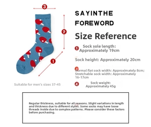 Detailed size chart for cotton crew socks featuring blue base and table tennis racket print