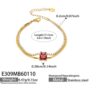 Detail of double-layer stainless steel bracelet with red stones and square zircons