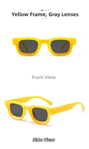 Front and side view of square yellow PC sunglasses with dark grey lenses and matte finish