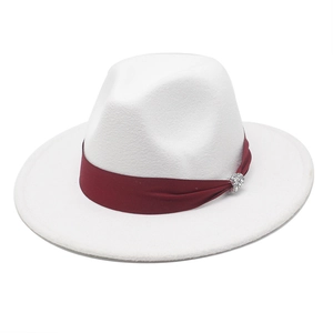 Classic white wool fedora hat with a deep red satin band and elegant crystal detail