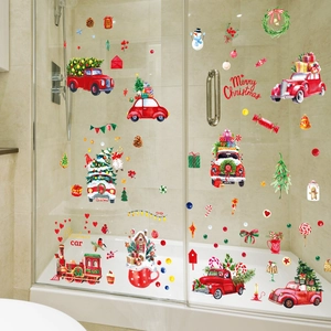 Merry Christmas static window stickers with Santa, tree and truck on glass door decor