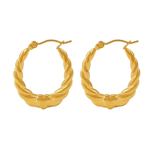 18K gold plated stainless steel heart hoop earrings with elegant twisted rope texture