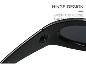 Detail of robust metal hinge on black polarized sunglasses with CE marking