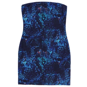 Close-up of blue abstract animal print on a strapless mini dress with slim fit details