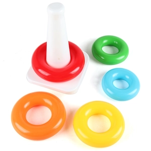 Colorful stacking ring toy with white base and five vibrant plastic rings for toddlers